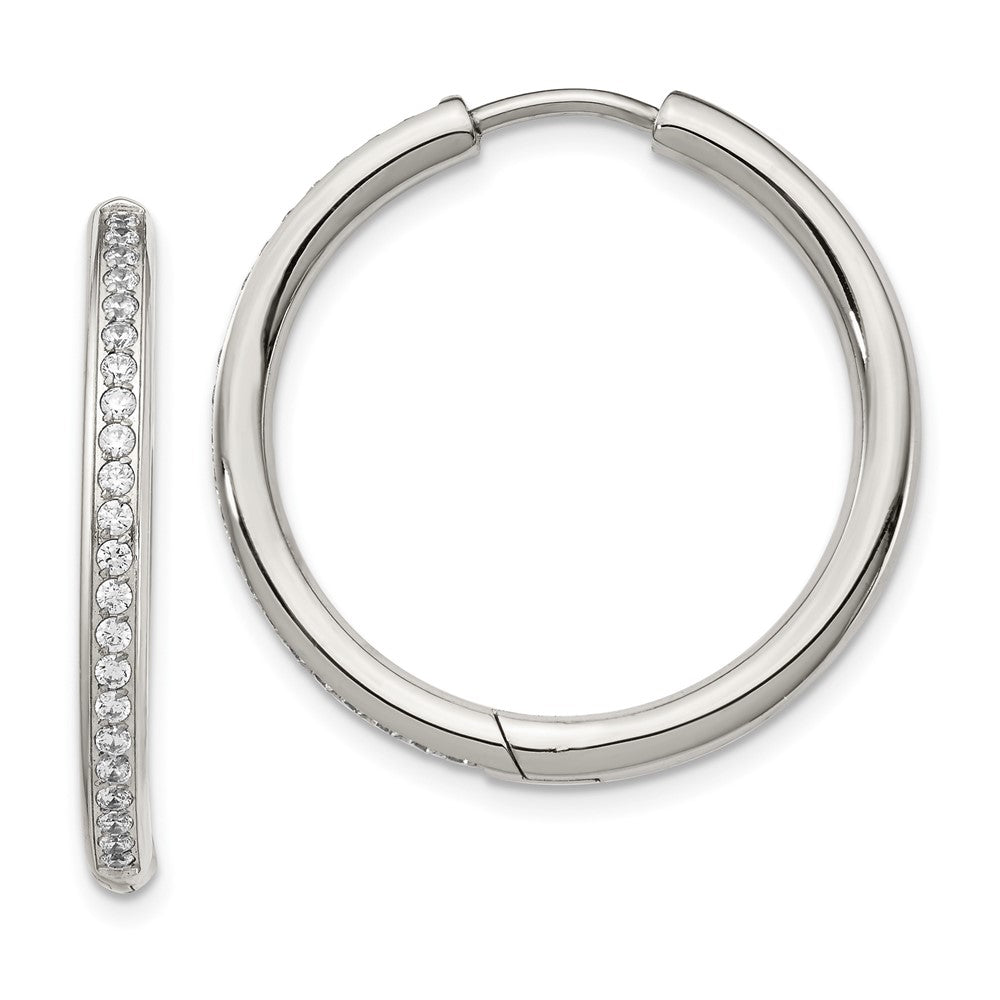 Chisel Stainless Steel Polished with CZ 2.5mm Hinged Hoop Earrings