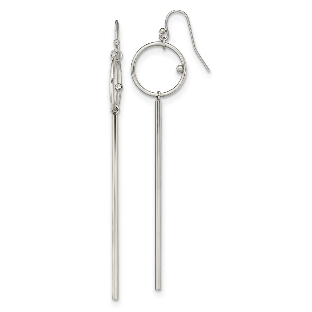 Chisel Stainless Steel Polished Circle with Crystal Accent Bar Dangle Shepherd Hook Shoulder Duster Earrings