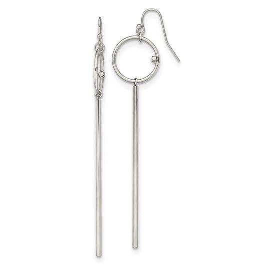 Chisel Stainless Steel Polished Circle with Crystal Accent Bar Dangle Shepherd Hook Shoulder Duster Earrings
