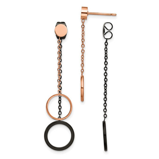 Chisel Stainless Steel Polished Black and Rose IP-plated Front and Back Post Dangle Earrings