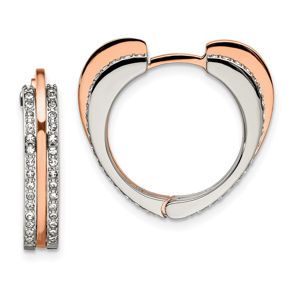 Chisel Stainless Steel Polished Rose IP-plated with Crystal Heart Hinged Hoop Earrings