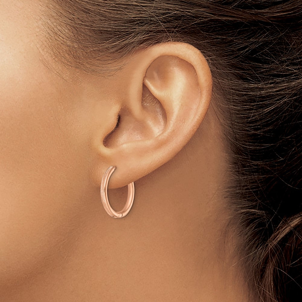 Chisel Stainless Steel Polished and Textured Rose IP-plated 2.5mm Hinged Hoop Earrings