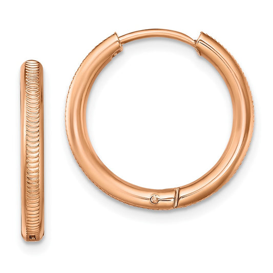 Chisel Stainless Steel Polished and Textured Rose IP-plated 2.5mm Hinged Hoop Earrings