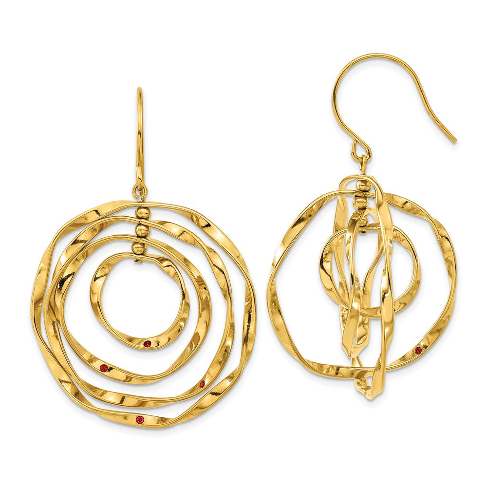 Chisel Stainless Steel Polished Yellow IP-plated with Red Preciosa Crystal Wavy Dangle Shepherd Hook Earrings