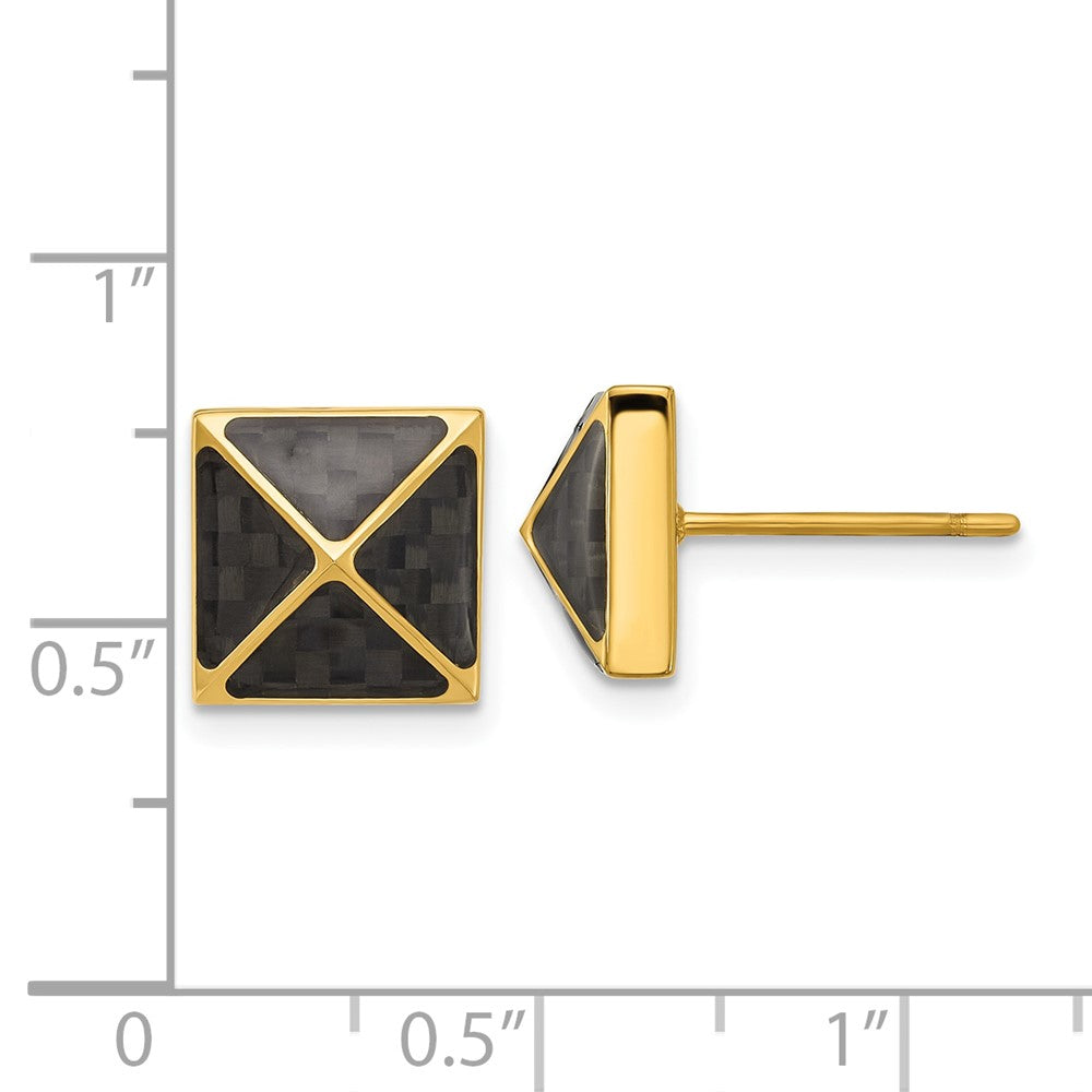 Chisel Stainless Steel Polished Yellow IP-plated Black Carbon Fiber Inlay Pyramid Stud Earrings