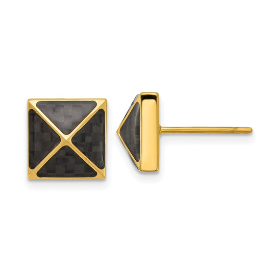 Chisel Stainless Steel Polished Yellow IP-plated Black Carbon Fiber Inlay Pyramid Stud Earrings