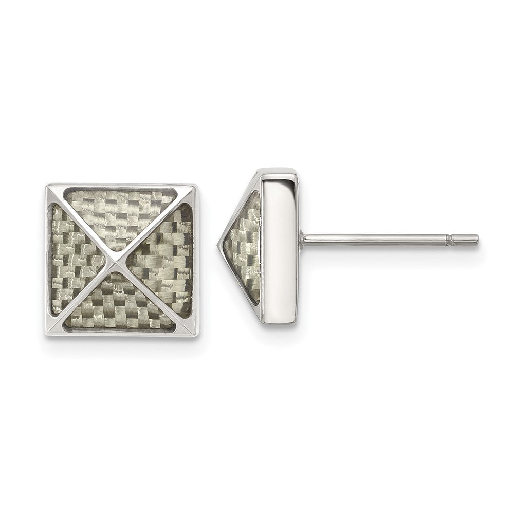 Chisel Stainless Steel Polished White Carbon Fiber Inlay Pyramid Stud Earrings