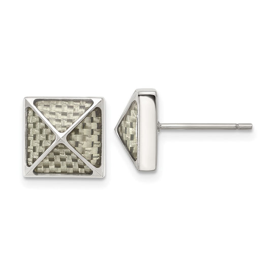 Chisel Stainless Steel Polished White Carbon Fiber Inlay Pyramid Stud Earrings