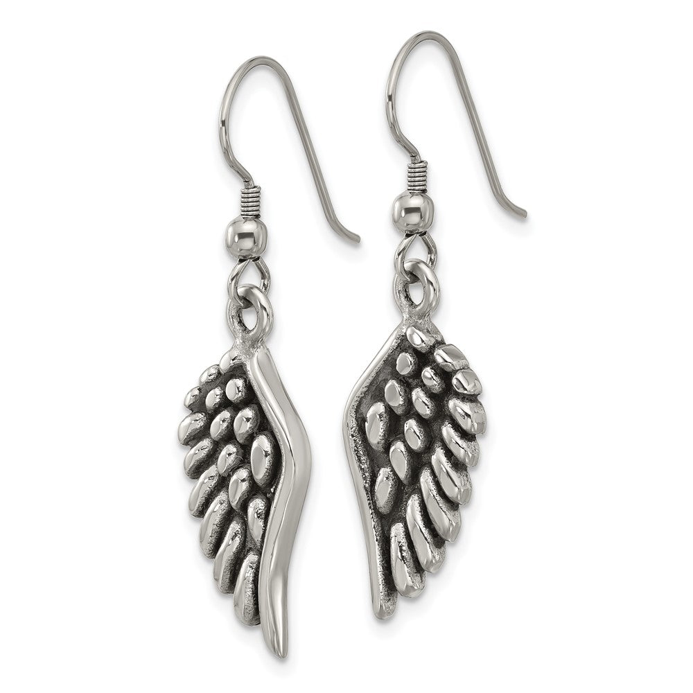 Chisel Stainless Steel Antiqued and Polished Angel Wing Shepherd Hook Earrings