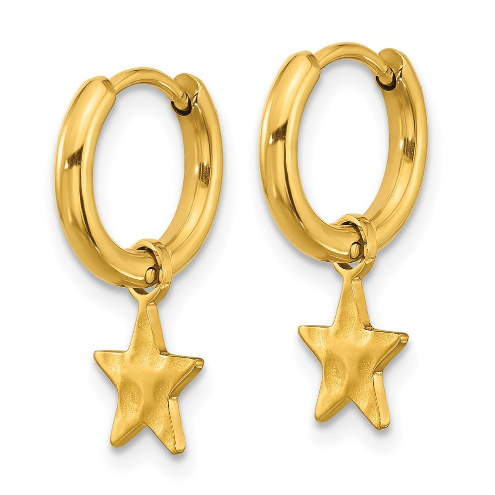 Chisel Stainless Steel Polished Yellow IP-plated Removeable Star Dangle Hinged Hoop Earrings