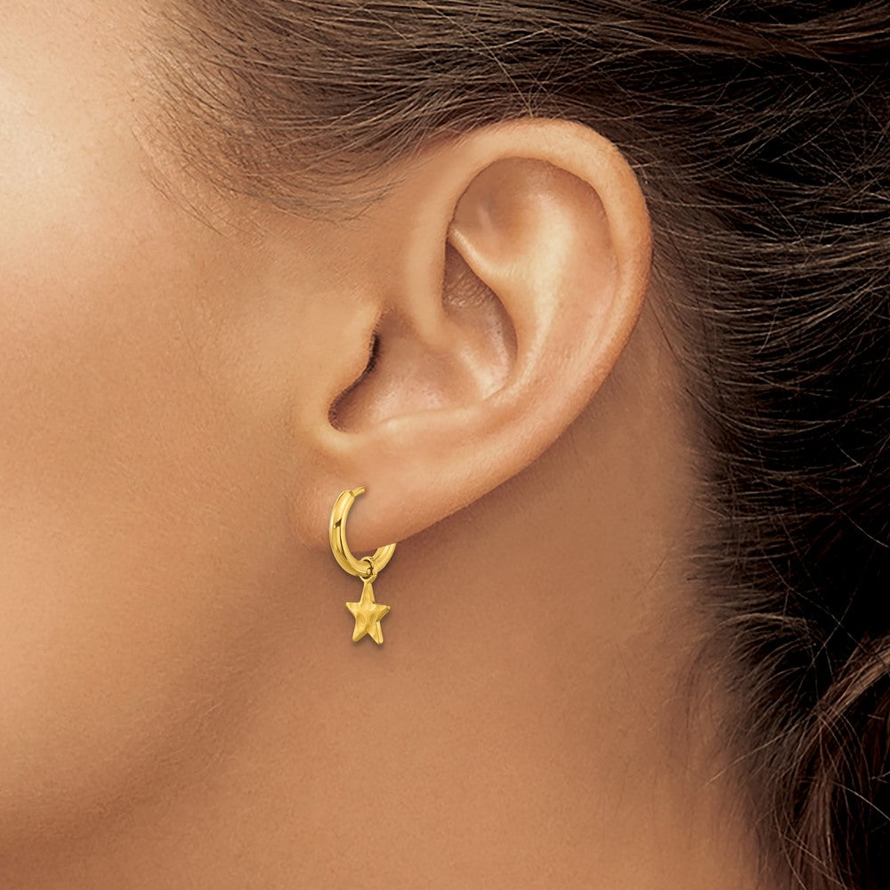 Chisel Stainless Steel Polished Yellow IP-plated Removeable Star Dangle Hinged Hoop Earrings
