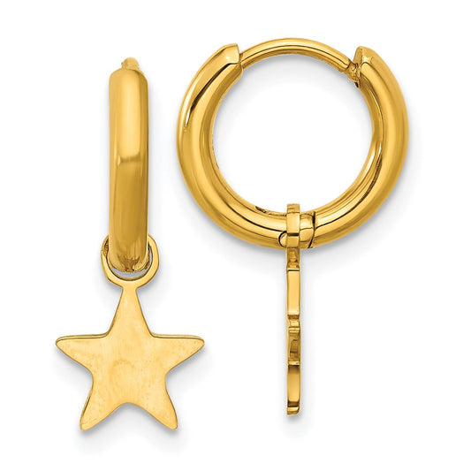 Chisel Stainless Steel Polished Yellow IP-plated Removeable Star Dangle Hinged Hoop Earrings