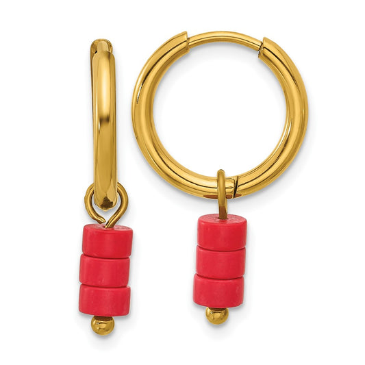 Chisel Stainless Steel Polished Yellow IP-plated with Removable Red Jade Dangle Hinged Hoop Earrings