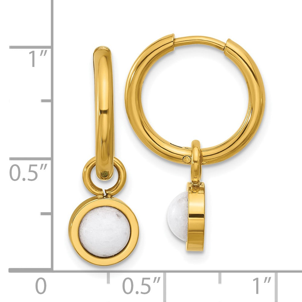 Chisel Stainless Steel Polished Yellow IP-plated with Removeable White Jade Dangle Hinged Hoop Earrings