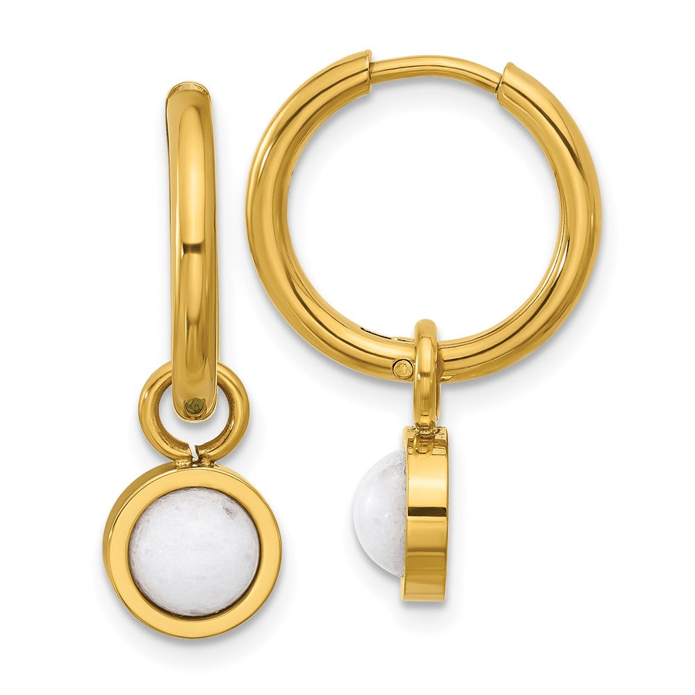 Chisel Stainless Steel Polished Yellow IP-plated with Removeable White Jade Dangle Hinged Hoop Earrings