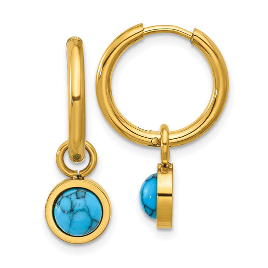 Chisel Stainless Steel Polished Yellow IP-plated with Removeable Synthetic Turquoise Dangle Hinged Hoop Earrings