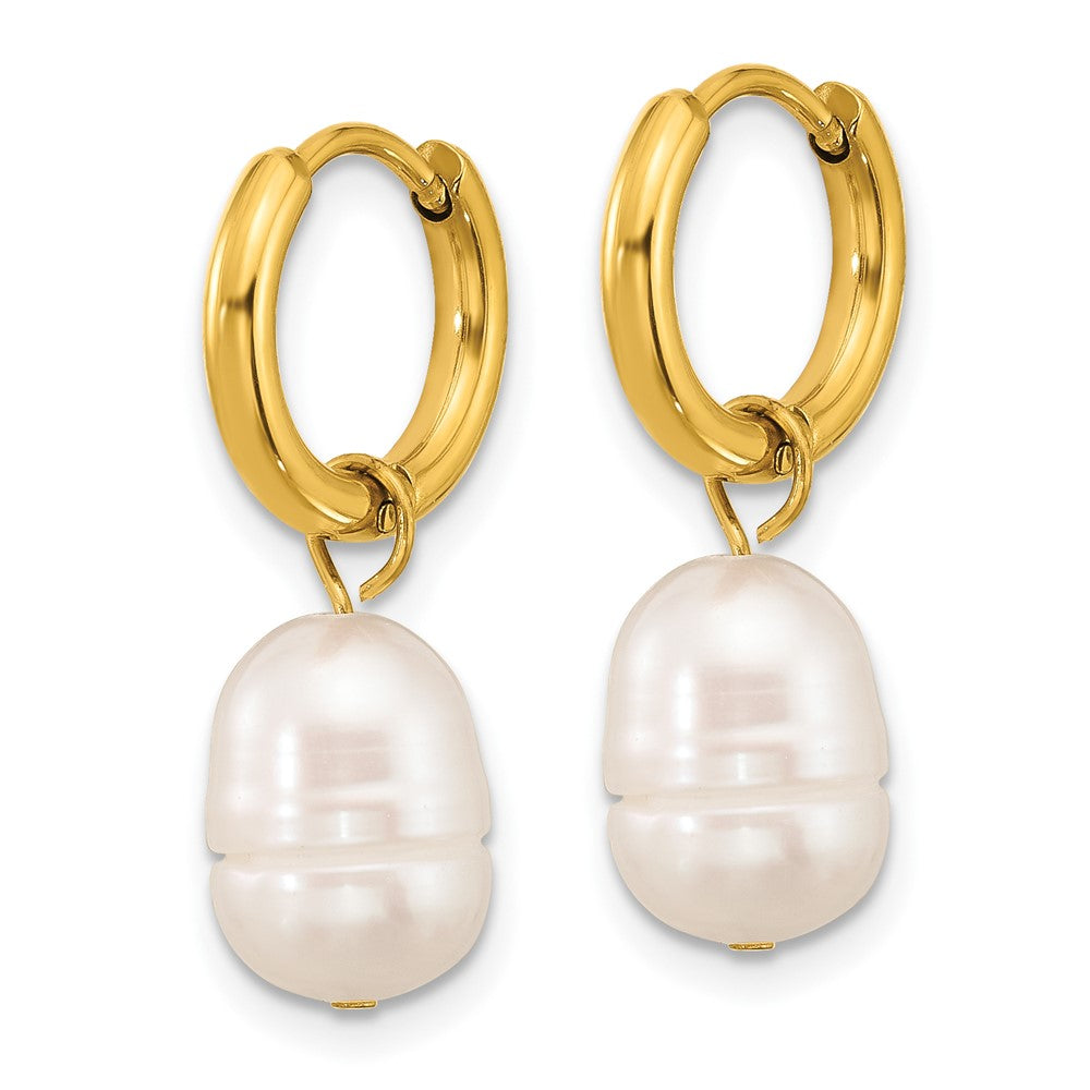Chisel Stainless Steel Polished Yellow IP-plated White Baroque Freshwater Cultured Pearl Dangle Hinged Hoop Earrings
