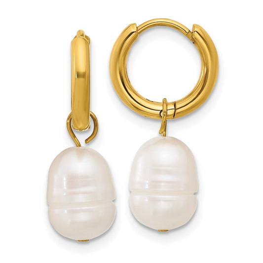 Chisel Stainless Steel Polished Yellow IP-plated White Baroque Freshwater Cultured Pearl Dangle Hinged Hoop Earrings