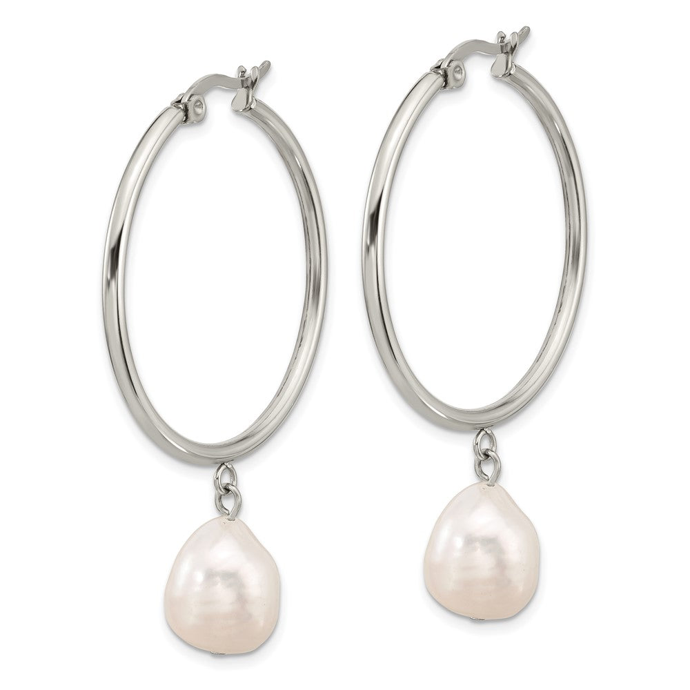 Chisel Stainless Steel Polished White Baroque Freshwater Cultured Pearl Dangle Hoop Earrings