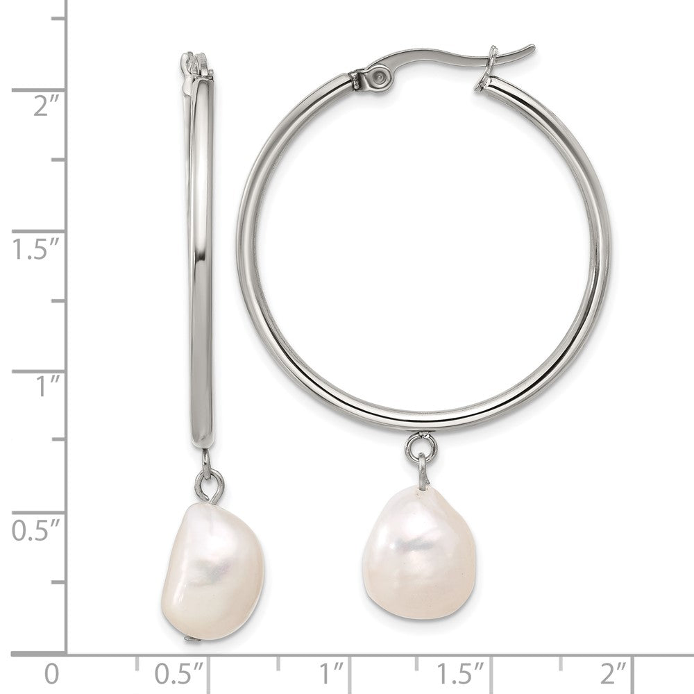 Chisel Stainless Steel Polished White Baroque Freshwater Cultured Pearl Dangle Hoop Earrings