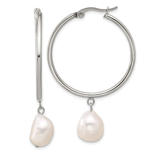 Chisel Stainless Steel Polished White Baroque Freshwater Cultured Pearl Dangle Hoop Earrings
