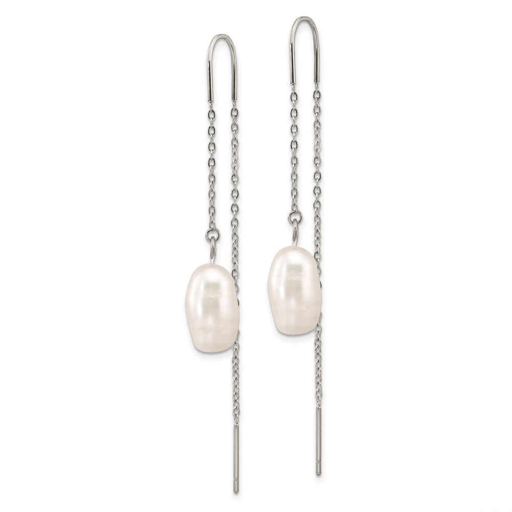 Chisel Stainless Steel Polished White Baroque Freshwater Cultured Pearl Dangle Threader Earrings