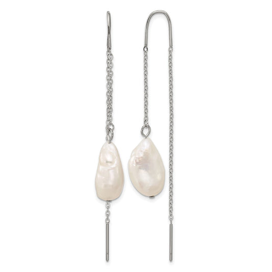 Chisel Stainless Steel Polished White Baroque Freshwater Cultured Pearl Dangle Threader Earrings