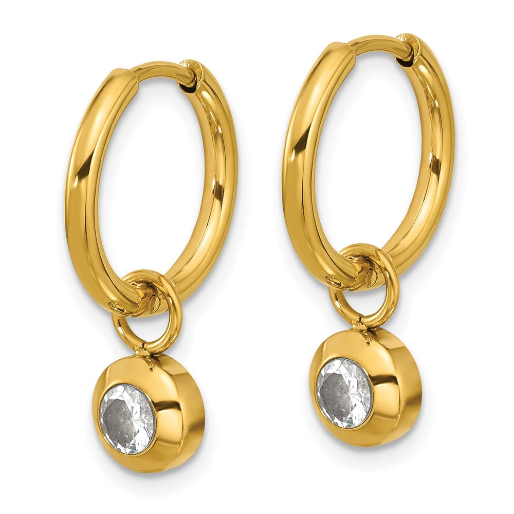 Chisel Stainless Steel Polished Yellow IP-plated with Removeable CZ Dangle Hinged Hoop Earrings