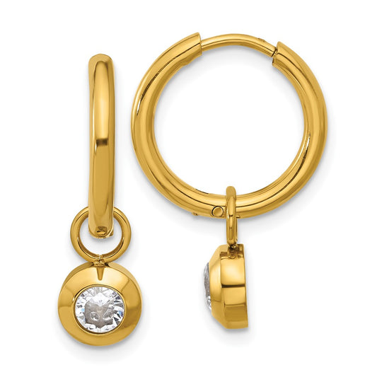 Chisel Stainless Steel Polished Yellow IP-plated with Removeable CZ Dangle Hinged Hoop Earrings