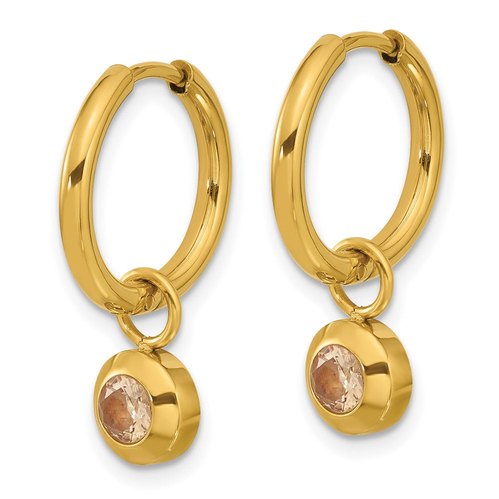 Chisel Stainless Steel Polished Yellow IP-plated with Removeable Champagne CZ Dangle Hinged Hoop Earrings
