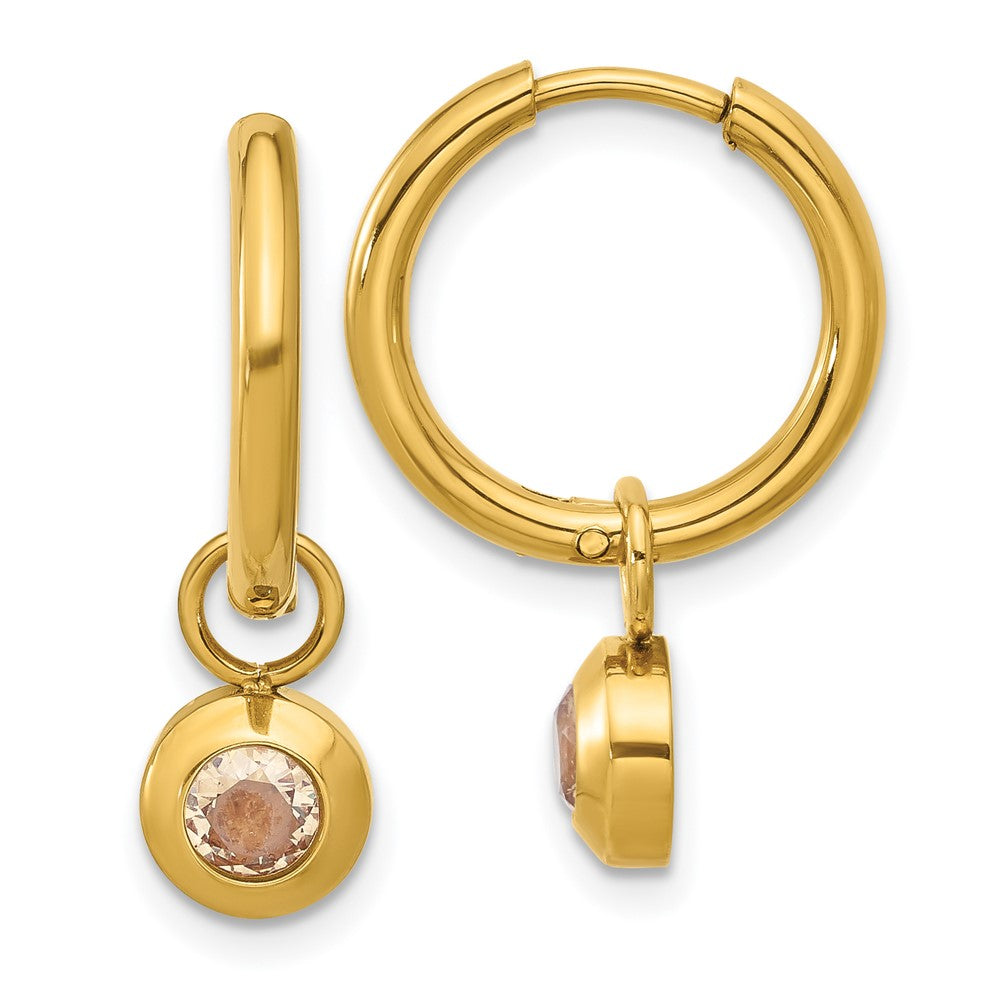 Chisel Stainless Steel Polished Yellow IP-plated with Removeable Champagne CZ Dangle Hinged Hoop Earrings