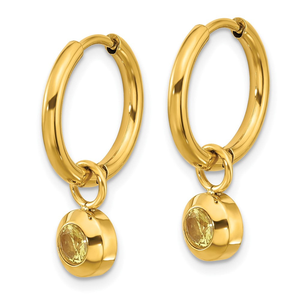 Chisel Stainless Steel Polished Yellow IP-plated with Removeable Yellow CZ Dangle Hinged Hoop Earrings