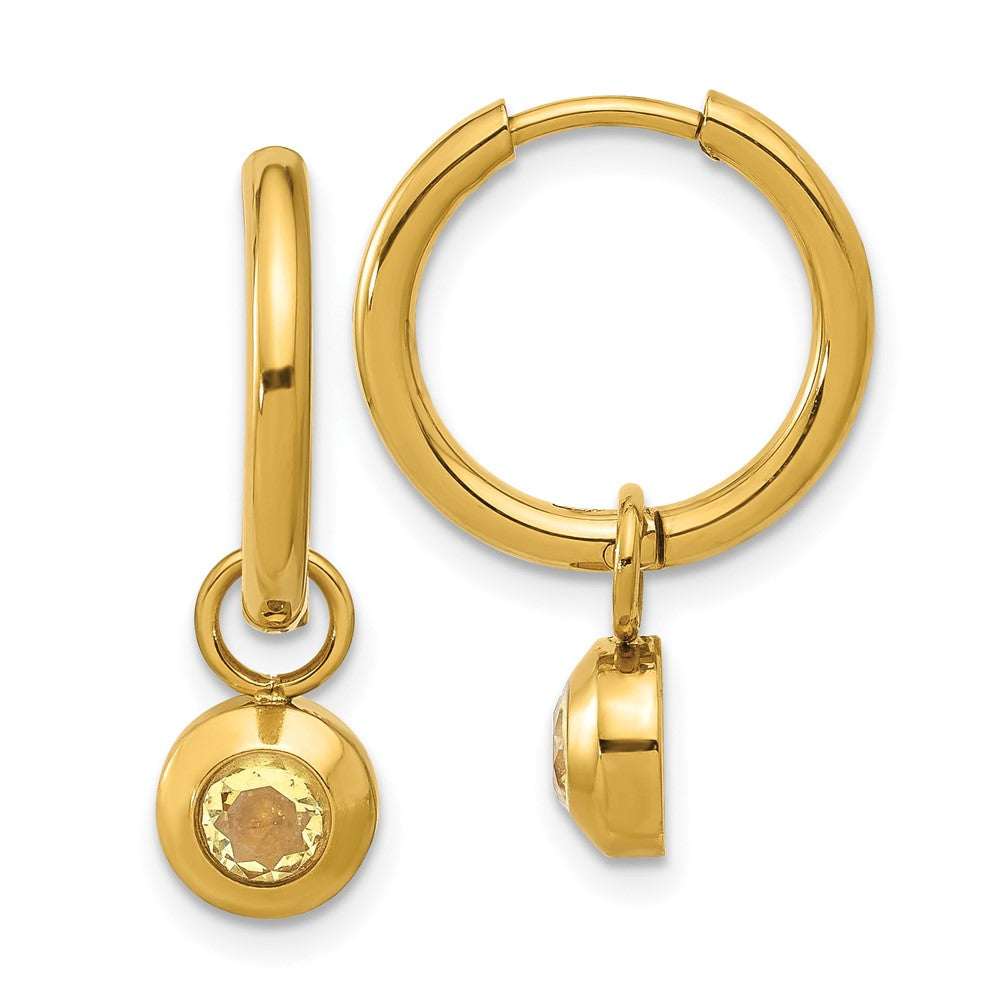 Chisel Stainless Steel Polished Yellow IP-plated with Removeable Yellow CZ Dangle Hinged Hoop Earrings
