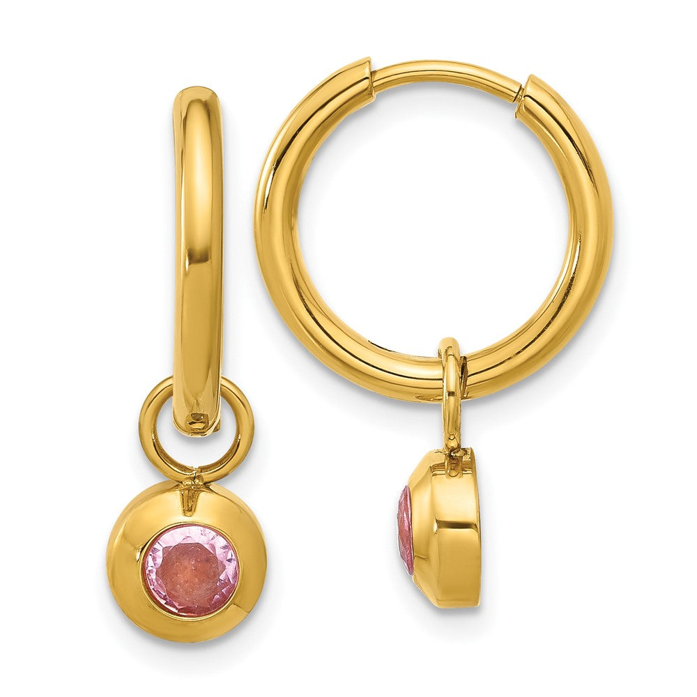 Chisel Stainless Steel Polished Yellow IP-plated with Removeable Pink CZ Dangle Hinged Hoop Earrings