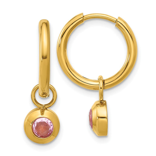 Chisel Stainless Steel Polished Yellow IP-plated with Removeable Pink CZ Dangle Hinged Hoop Earrings
