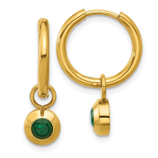 Chisel Stainless Steel Polished Yellow IP-plated with Removeable Green CZ Dangle Hinged Hoop Earrings