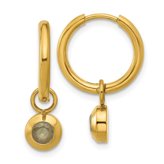 Chisel Stainless Steel Polished Yellow IP-plated with Removeable Light Blue CZ Dangle Hinged Hoop Earrings
