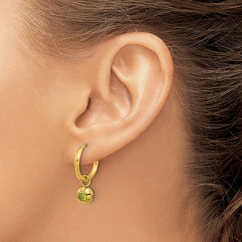 Chisel Stainless Steel Polished Yellow IP-plated with Removeable Green CZ Dangle Hinged Hoop Earrings