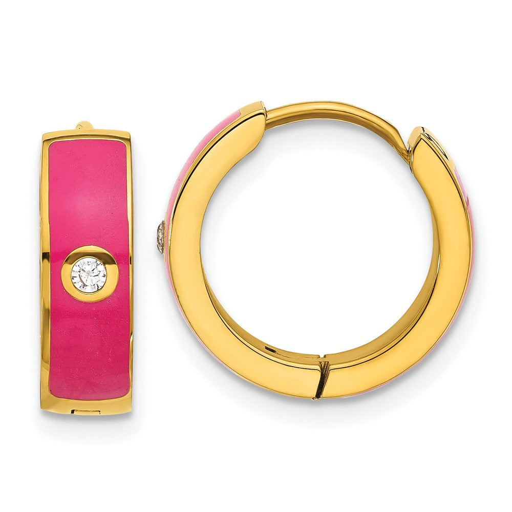 Chisel Stainless Steel Polished Yellow IP-plated with Dark Pink Enamel and CZ 5mm Hinged Hoop Earrings