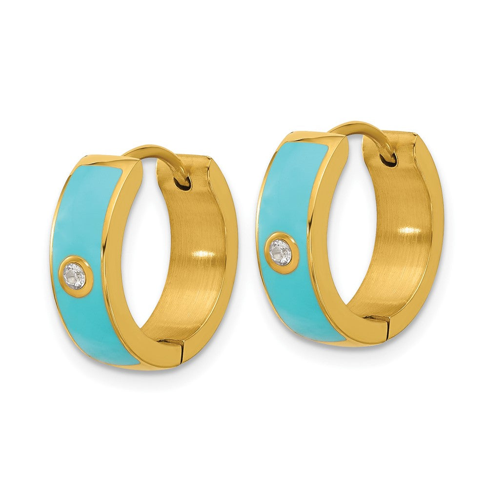 Chisel Stainless Steel Polished Yellow IP-plated with Blue Enamel and CZ 5mm Hinged Hoop Earrings