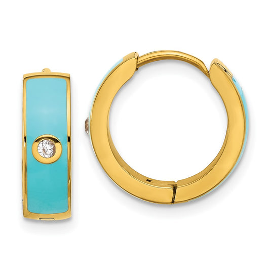 Chisel Stainless Steel Polished Yellow IP-plated with Blue Enamel and CZ 5mm Hinged Hoop Earrings