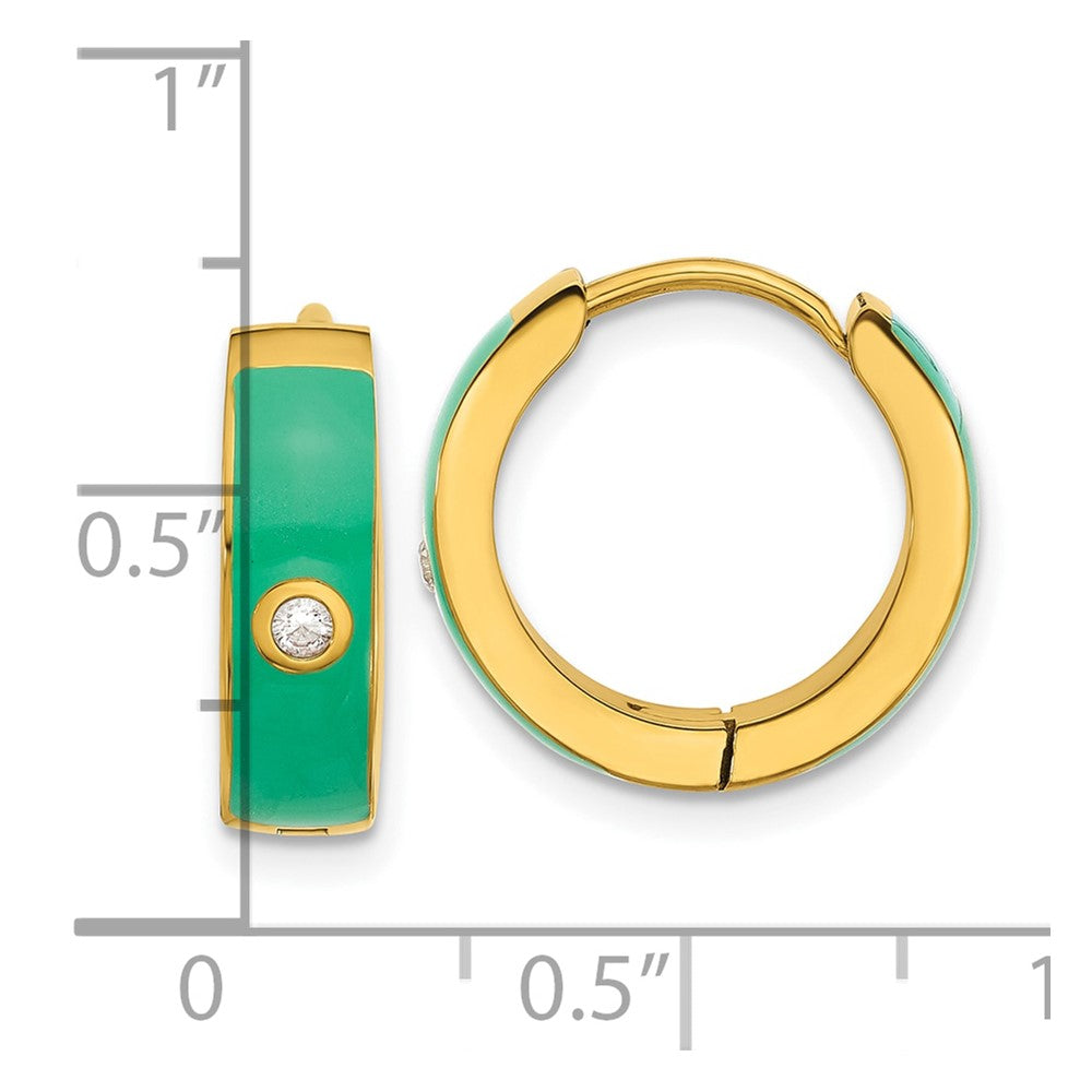Chisel Stainless Steel Polished Yellow IP-plated with Green Enamel and CZ 5mm Hinged Hoop Earrings