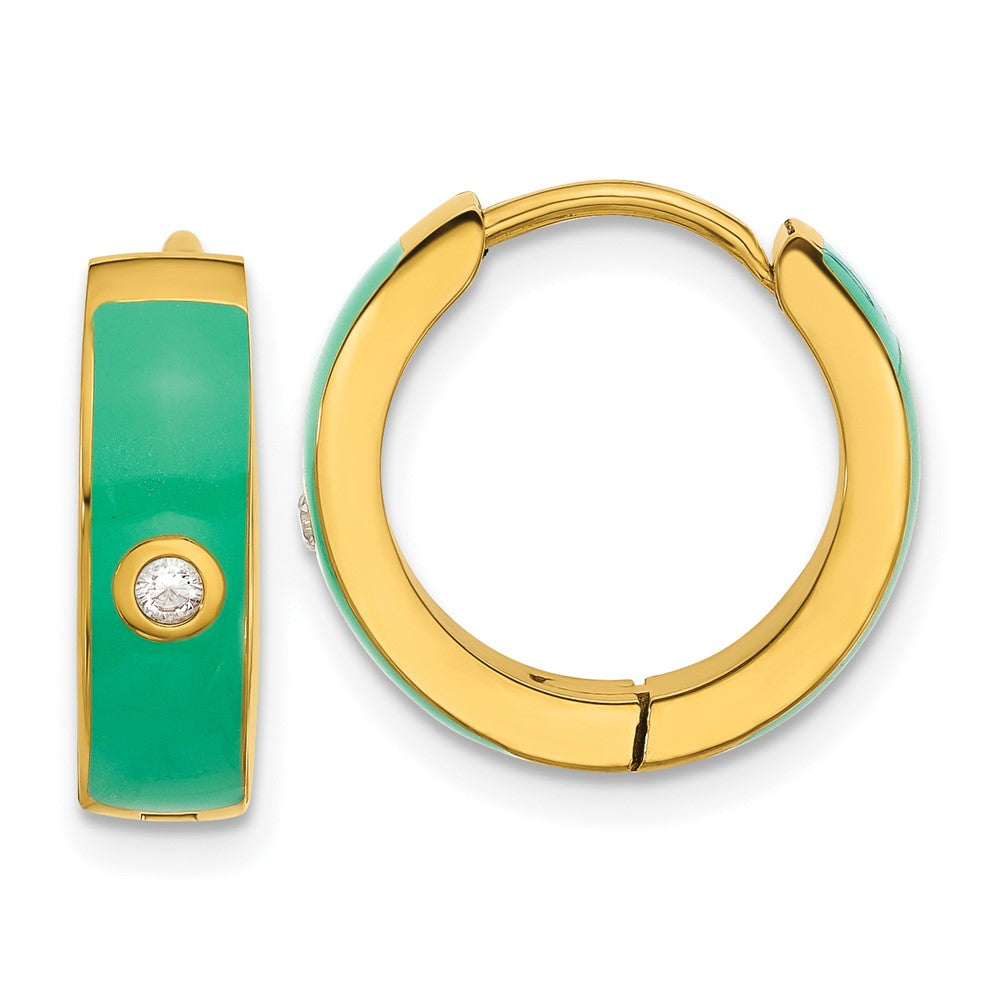 Chisel Stainless Steel Polished Yellow IP-plated with Green Enamel and CZ 5mm Hinged Hoop Earrings