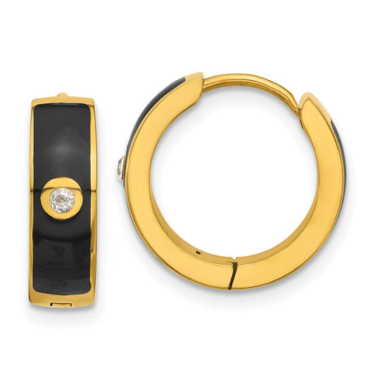 Chisel Stainless Steel Polished Yellow IP-plated with Black Enamel and CZ 5mm Hinged Hoop Earrings