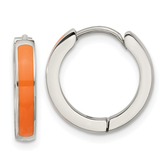 Chisel Stainless Steel Polished with Orange Enamel 2.90mm Hinged Hoop Earrings