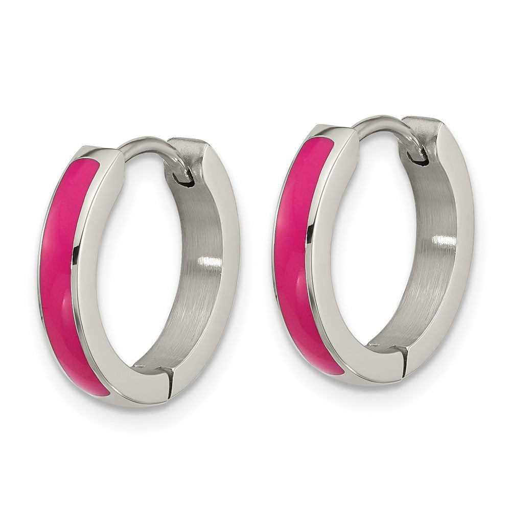 Chisel Stainless Steel Polished with Pink Enamel 2.90mm Hinged Hoop Earrings