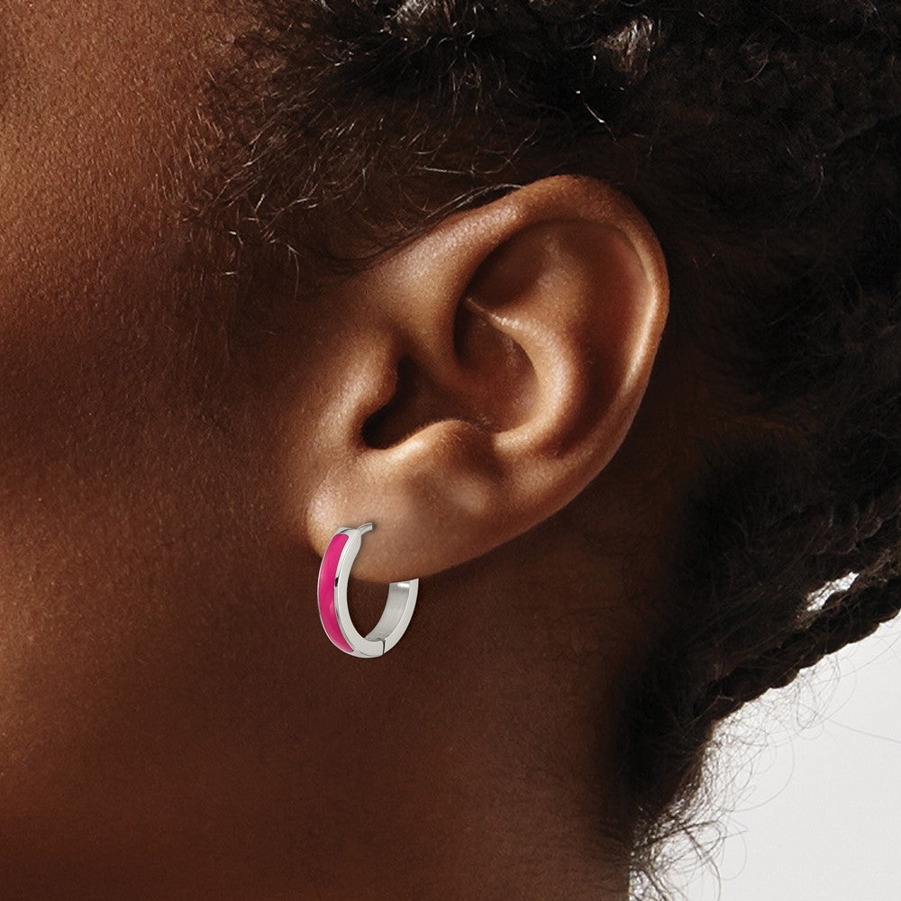 Chisel Stainless Steel Polished with Pink Enamel 2.90mm Hinged Hoop Earrings