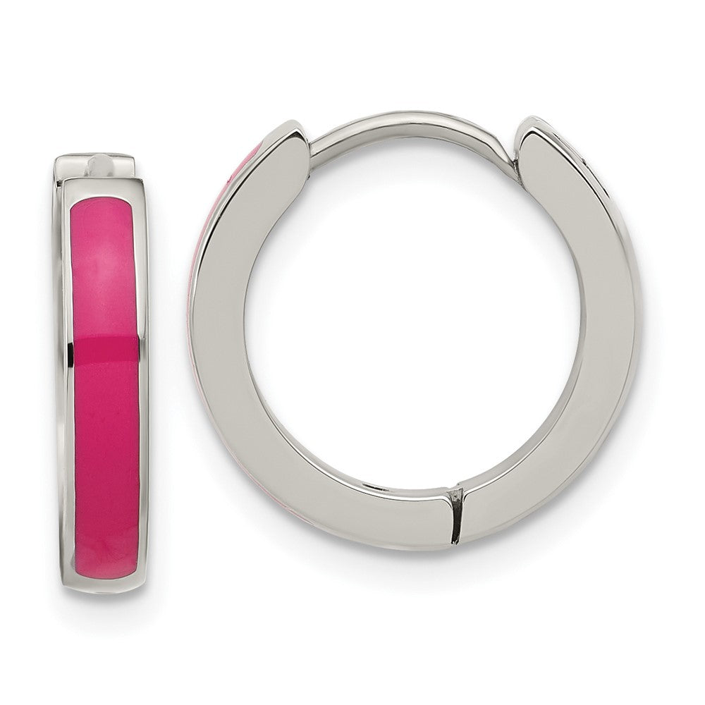 Chisel Stainless Steel Polished with Pink Enamel 2.90mm Hinged Hoop Earrings