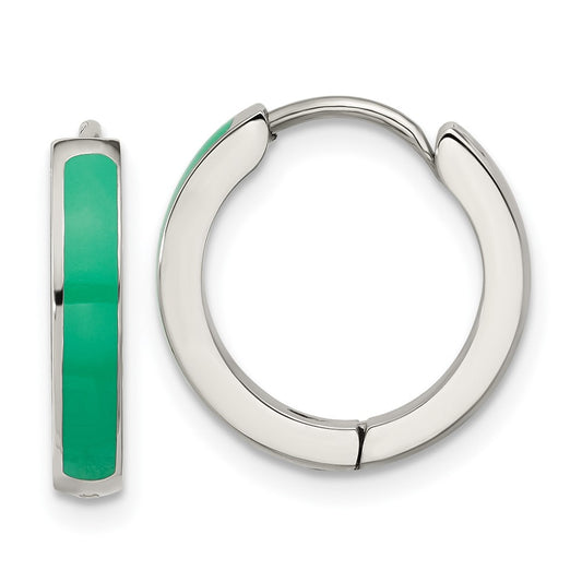 Chisel Stainless Steel Polished with Green Enamel 2.90mm Hinged Hoop Earrings
