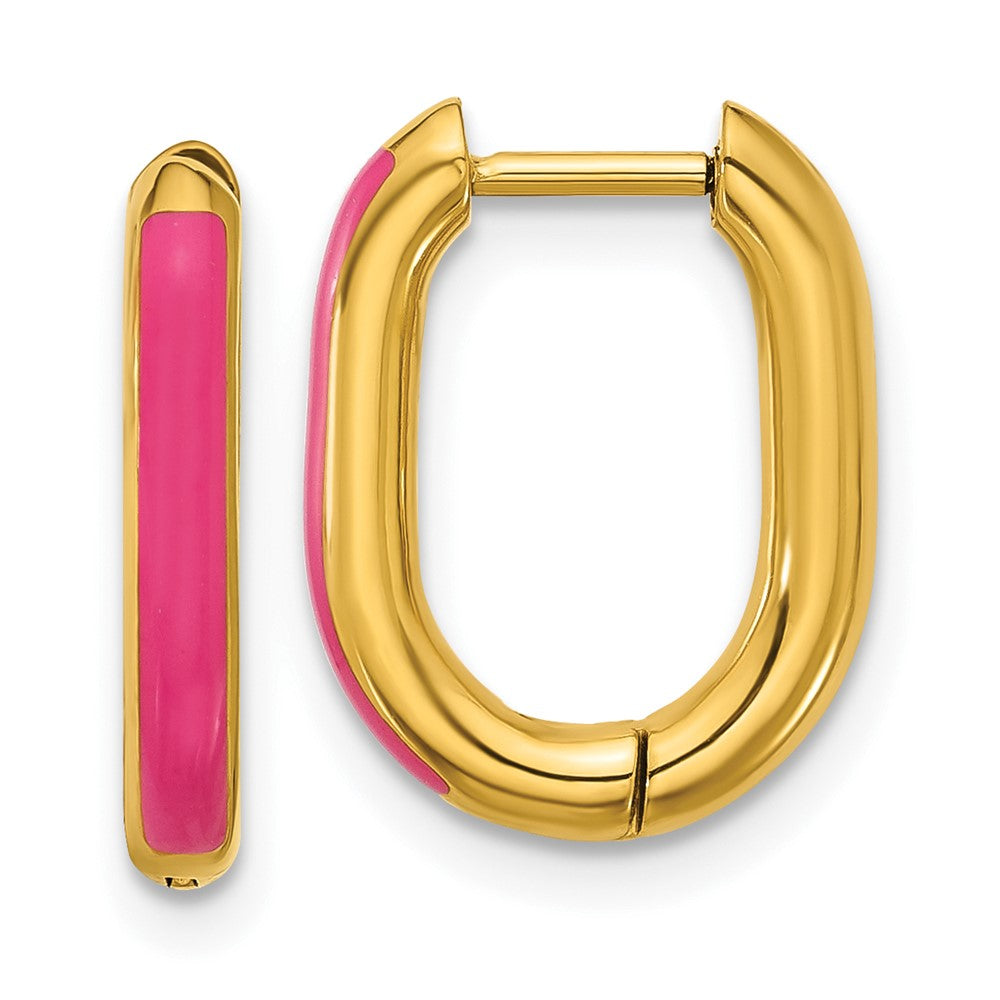 Chisel Stainless Steel Polished Yellow IP-plated with Pink Enamel 2.40mm Elongated Hinged Hoop Earrings